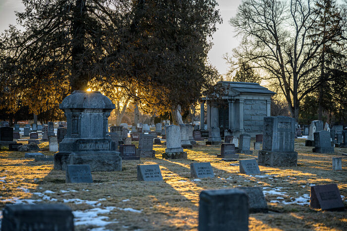 A graveyard during sunset 