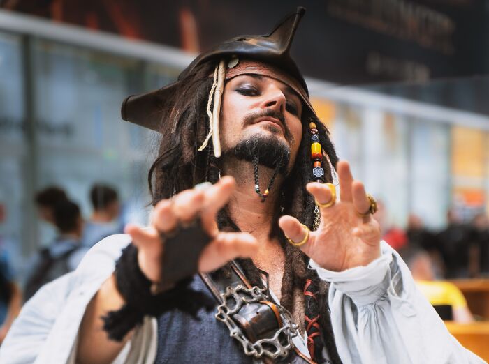 Man wearing Captain Jack Sparrow costume 