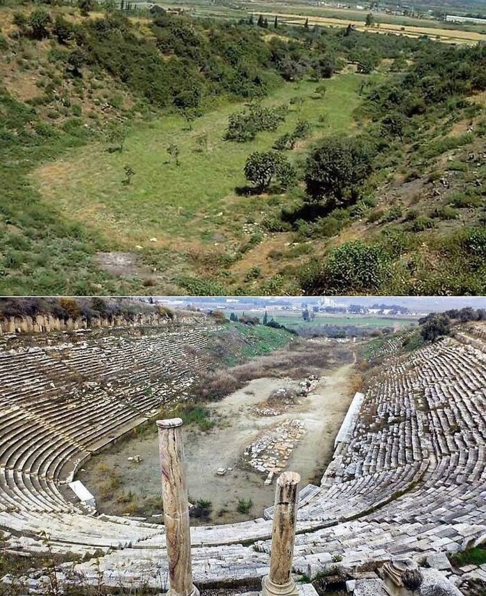 The Ancient Hippodrome In Magnesia, Greece, Before And After Excavation