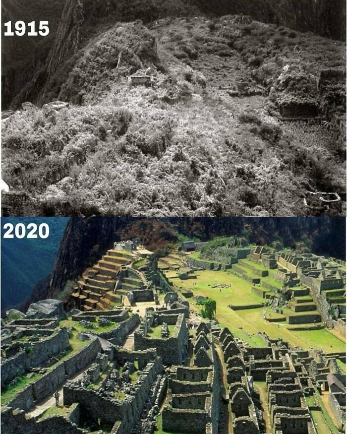 Machu Picchu, Peru, Before And After The Removal Of Overgrowth