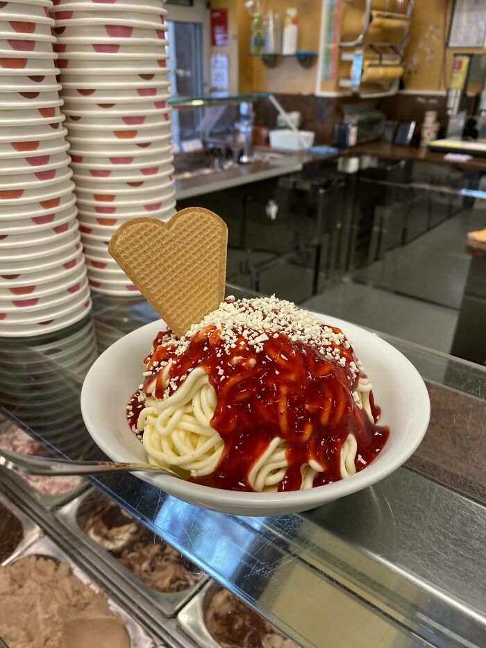 Spaghetti Ice Cream in white bowl 
