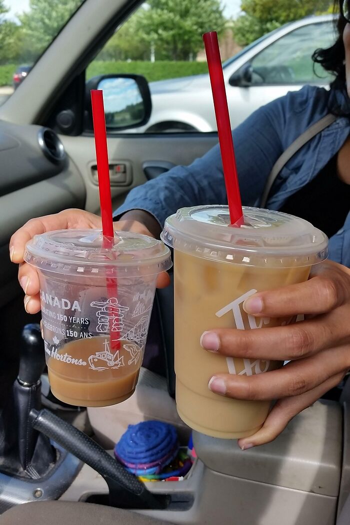 Got A Small Iced Coffee From Tim Hortons In Canada, Then Crossed Into The US And Placed The Same Order