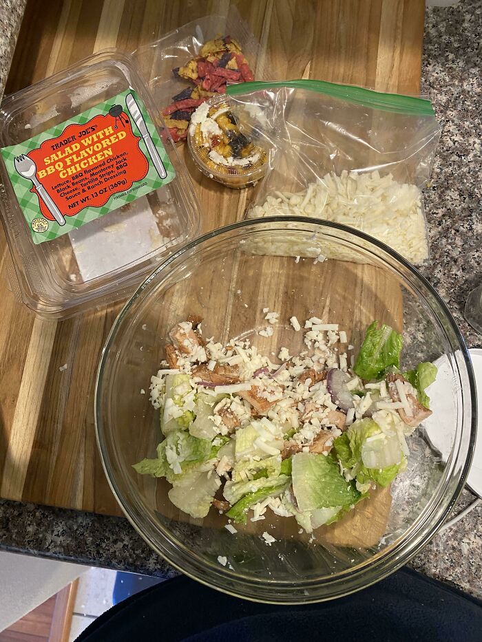 My BBQ Chicken Salad Was Virtually All Cheese-Which Might Make It The Perfect Salad. The Bag On The Cutting Board Is The Just The Cheese I Removed From The Salad