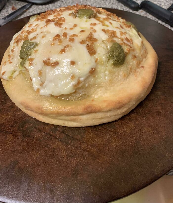 My Garlic Pesto Pizza Just Decided To Become A Soufflé In The Oven