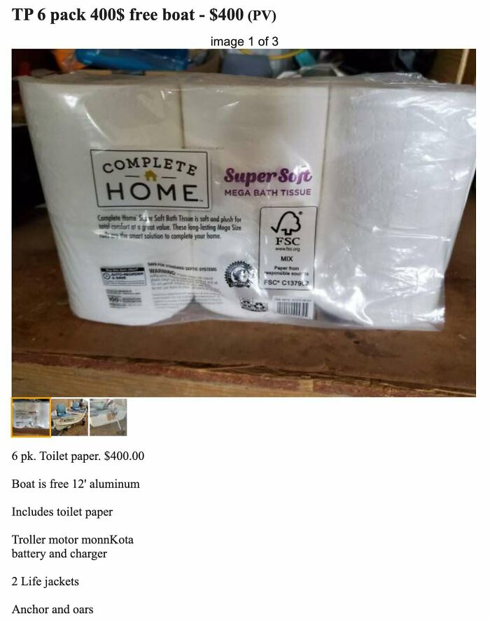 $400 6-Pack Of Toilet Paper Comes With A Free 12' Boat