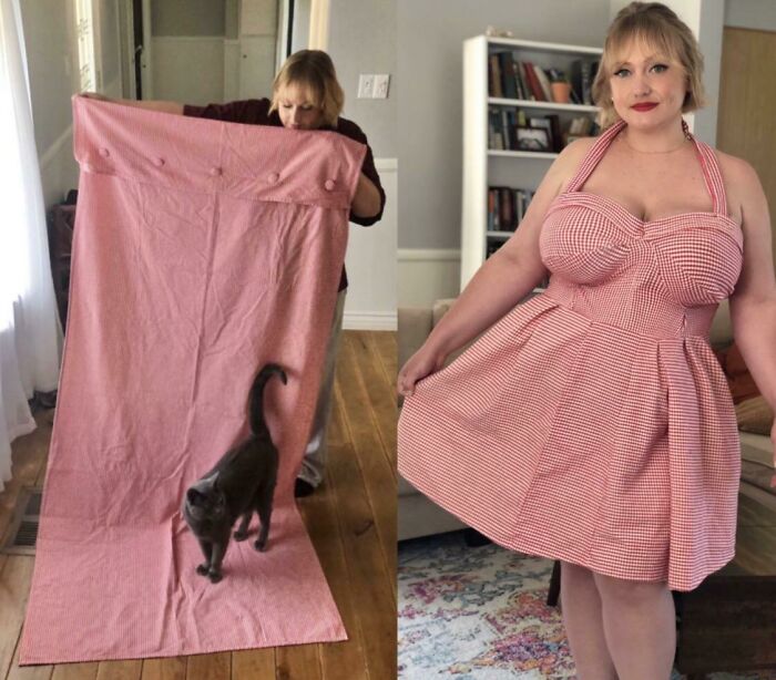 Mi mamá iba a tirar estas cortinas, así que hice un vestido con ellas