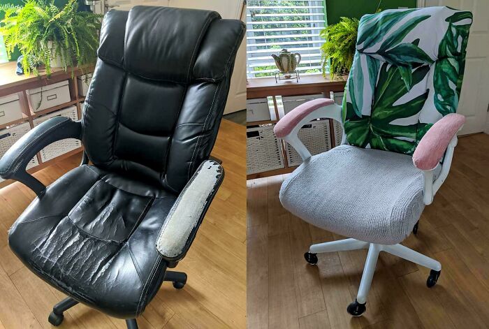 Antes y después de la renovación de mi silla de oficina desgastada con ropa vieja / textiles que estaban destinados a la donación. También añadí unas bonitas ruedas de patines para mayor diversión