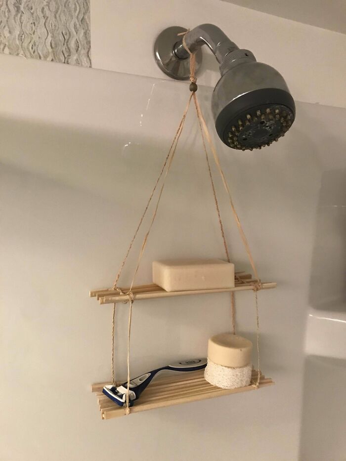 Shower Shelf Made From Collected Takeout Chopsticks (We Have A Reusable Set) And Raffia That Came With Valentine’s Day Flowers!