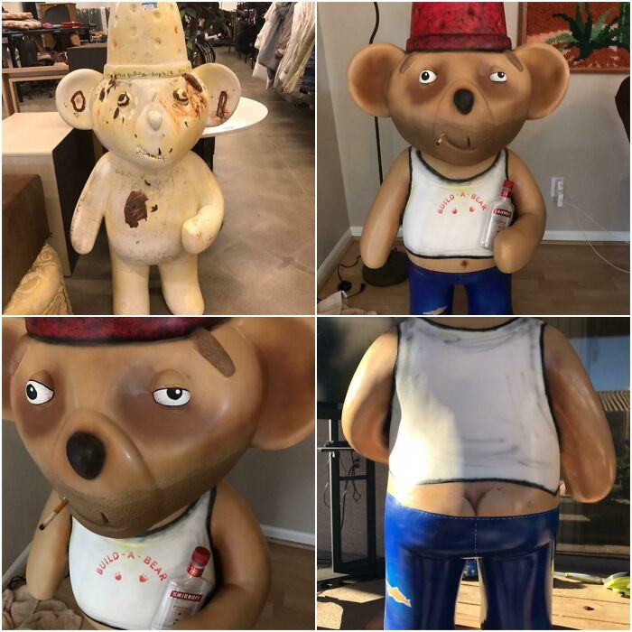 Tuve que convencerme de que la compra de este oso valía la pena. Me di cuenta de que era una exhibición de la tienda "Build A Bear". Lo pinté como un oso desgastado