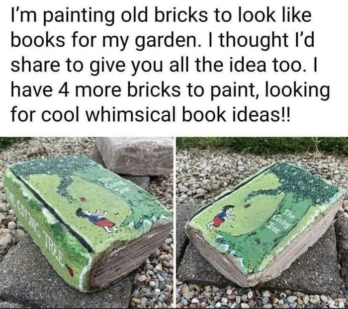 Bricks Painted Like Books As Garden Decor