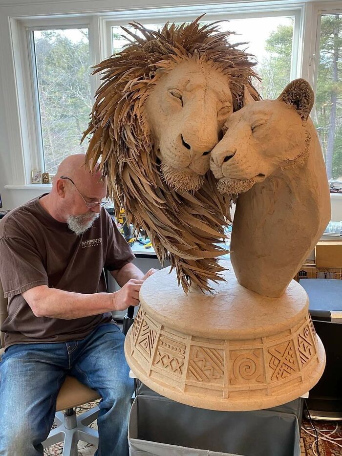A Sculpture Of 2 Lions Created Out Of Recycled Cardboard, Paper Bags And Glue. Credit: Sue Beatrice And Andy Gertler