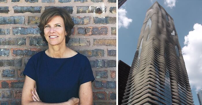 Pictures of Jeanne Gang smiling and Aqua Tower
