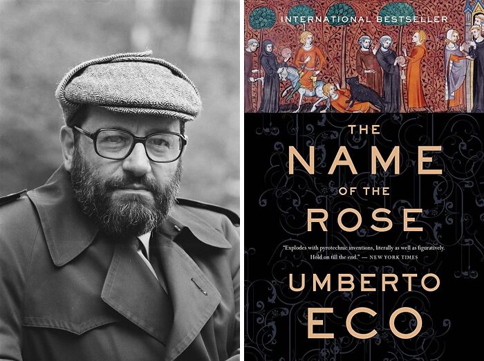 Portrait of Umberto Eco and book cover of The Name of the Rose