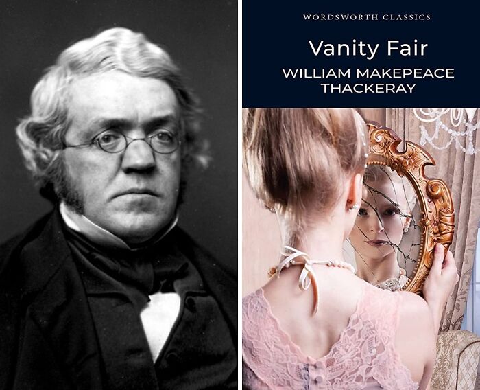 Portrait of William Makepeace Thackeray and book cover of Vanity Fair