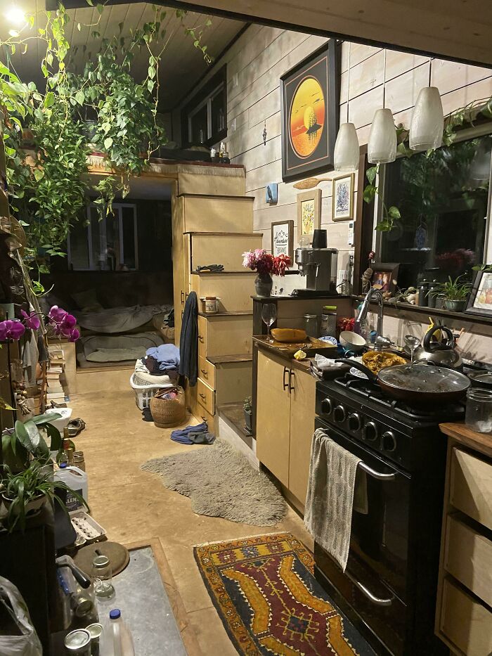 Cozy tiny house interior with plants, wooden cabinets, a colorful rug, and a compact kitchen setup.