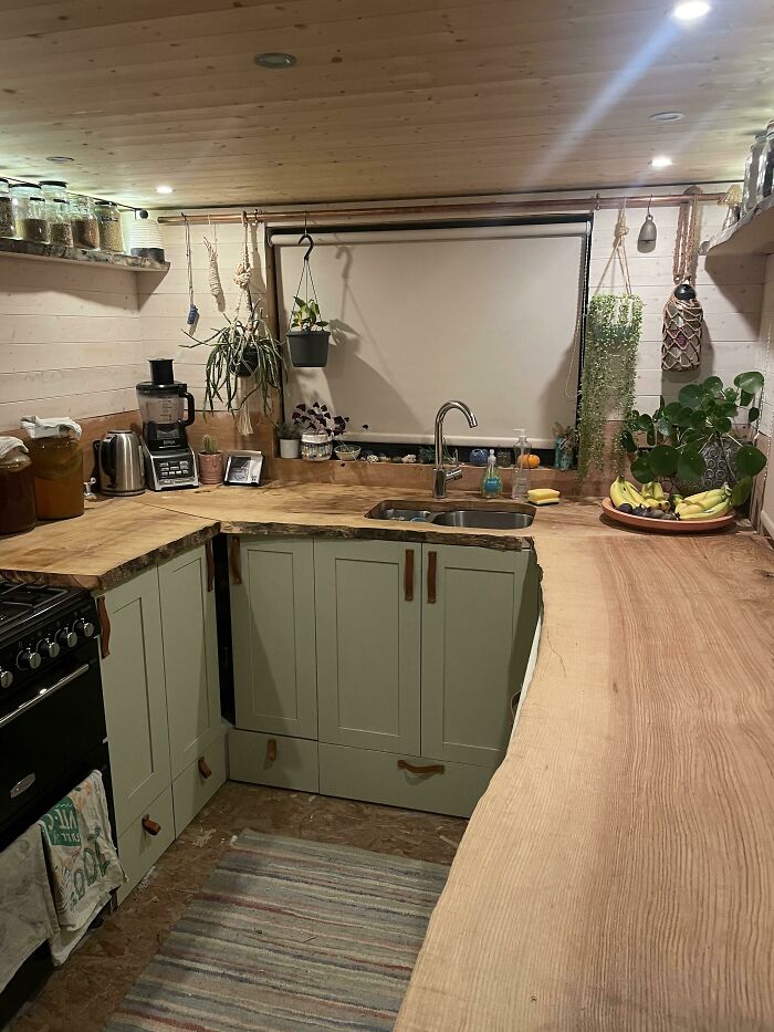 Cozy tiny house kitchen with wooden countertops and hanging plants, showcasing unique tiny house designs.