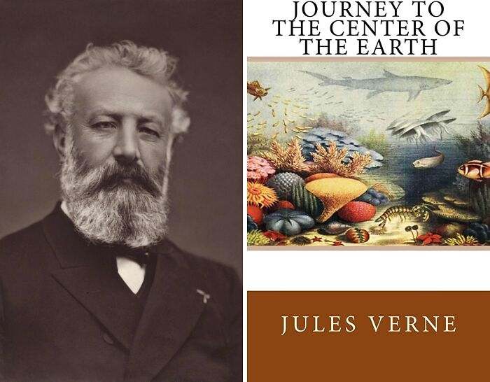 Portrait of Jules Verne and book cover of Journey to the Centre of the Earth