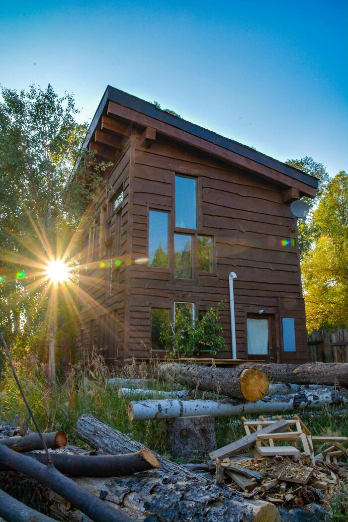 Rustic brown tiny house with large windows, surrounded by cut logs and trees, under a clear blue sky.