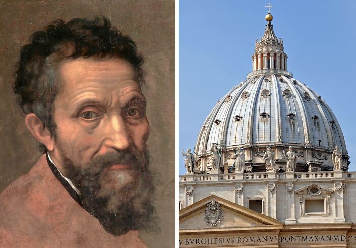 Portrait of Michelangelo Buonarroti and picture of Dome of St. Peter's Basilica of Vatican city