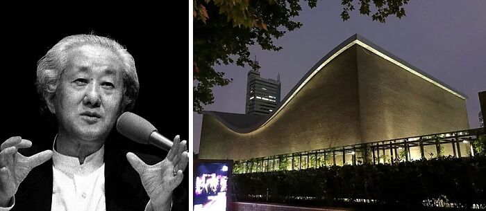 Pictures of Arata Isozaki and Shanghai Symphony hall