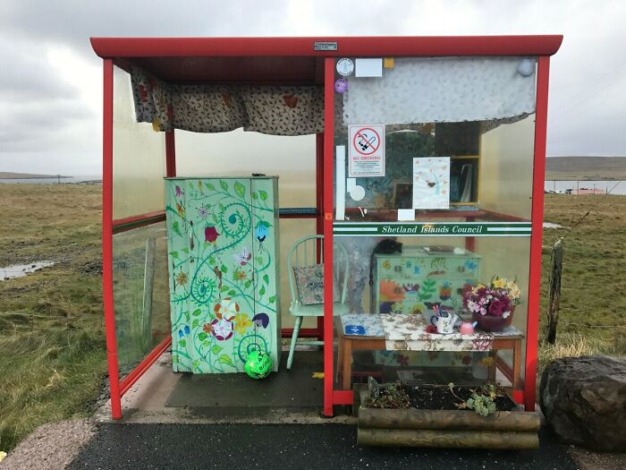 I Saw A Bus Stop In The Shetland Islands With Homey Decorations