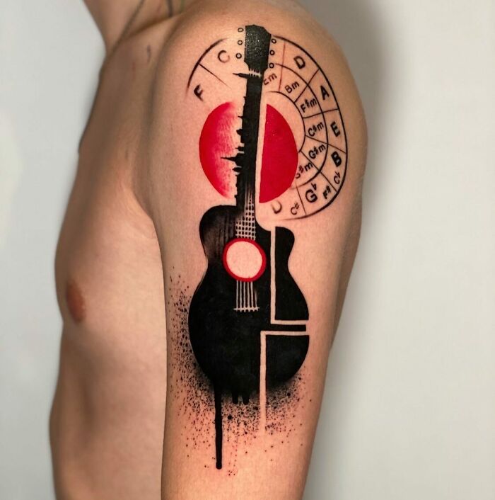 Black and red guitar tattoo with Stockholm skyline