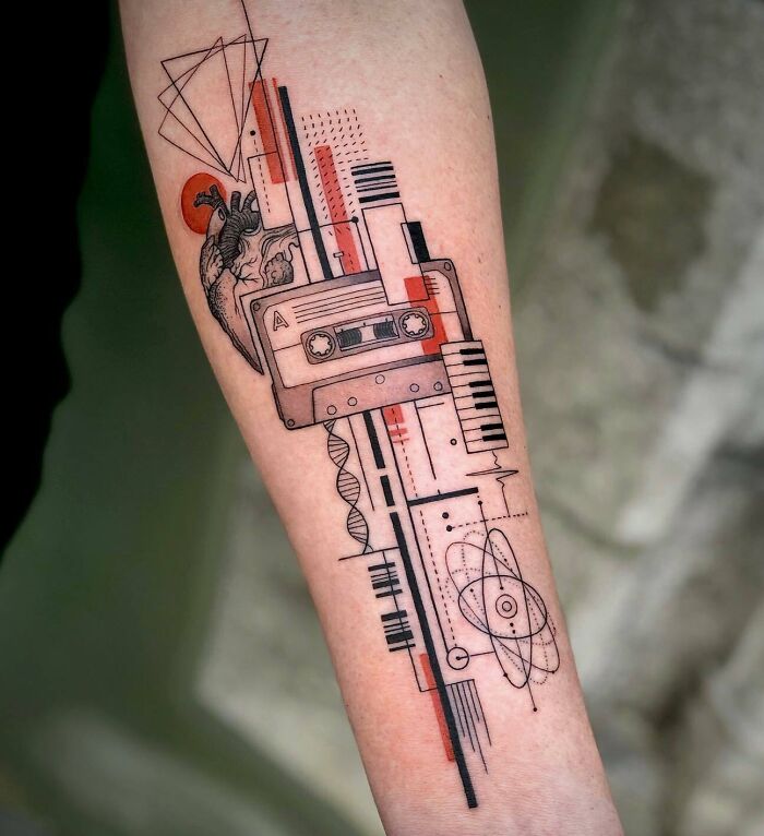 Geometric music tattoo with heart and cassette