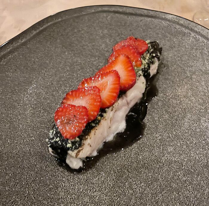 Strawberries On A Piece Of Cod At A Fancy Restaurant In The Netherlands
