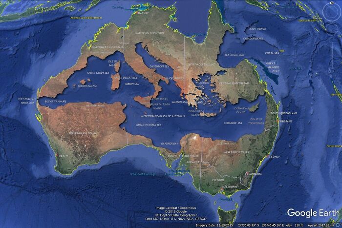El mar Mediterráneo cabe dentro de Australia