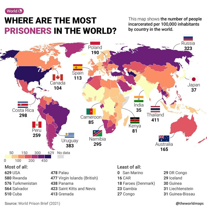 Number Of Prisoners Per 100,000 People Across The World