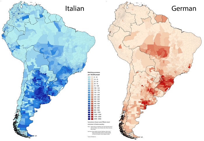 Italian And German Surnames In South America [oc]