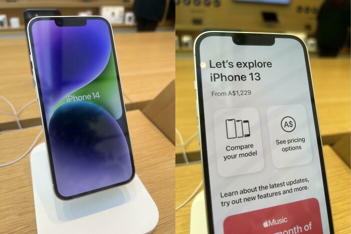 iPhone 14 In The Apple Store Shows “Let’s Explore iPhone 13” When Tapped
