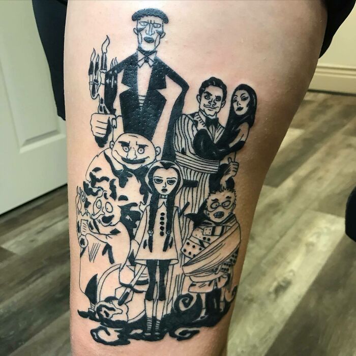Addams Family leg tattoo