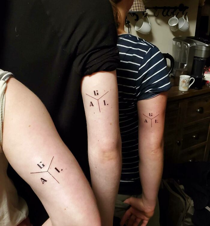 Family matching letters arm tattoo