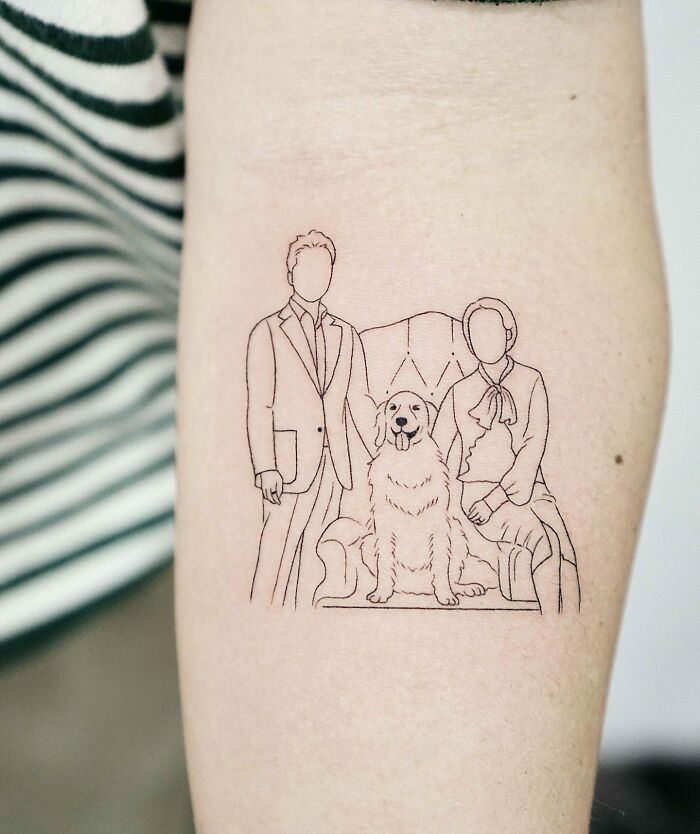 Father mother and dog simple line arm tattoo