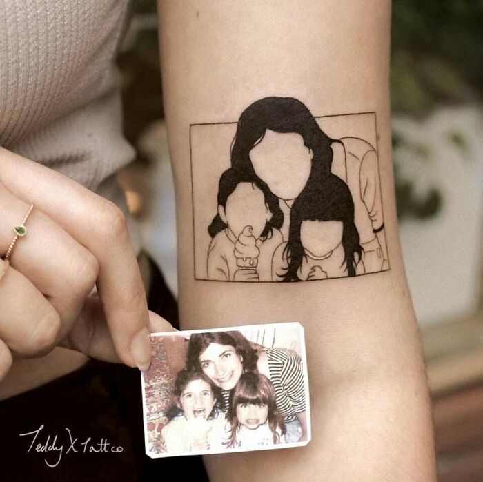 Family line portrait arm tattoo