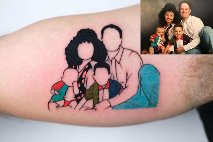 Colorful and line family portrait leg tattoo