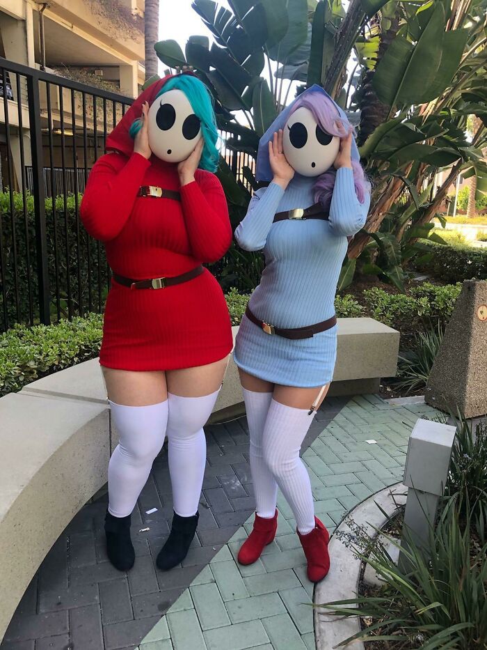 Person cosplaying Shy Guys from Super Mario Glitchy 4