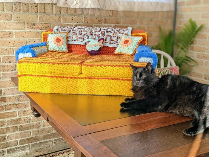Couch I Made Specifically For My Xl Sized Cat. Most Cat Furniture Is Too Small For Him, So I Made It Complete With Pillows, Blanket, Eye Mask And A Nightcap! Please Enjoy!