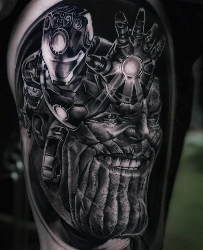 Got To Do This Custom Thanos And Iron Man Full Thigh Piece At The @villainarts Convention In Chicago