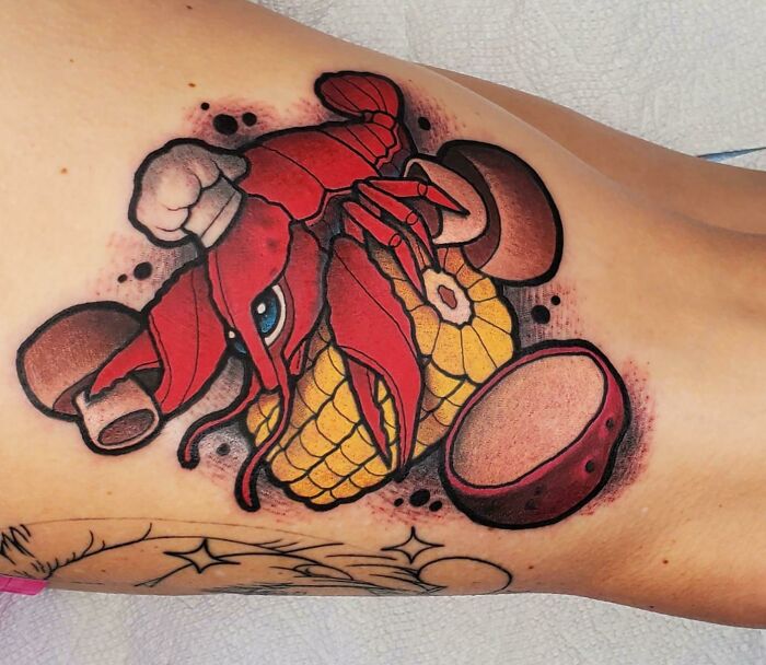 Chef crayfish with mushrooms and cornhob in his claws watercolor tattoo