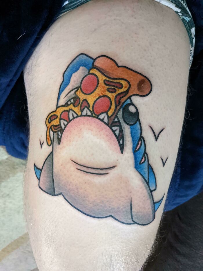 Shark eating pizza watercolor tattoo