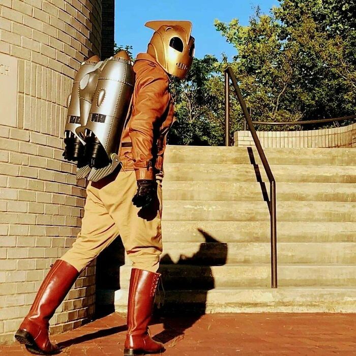 Person cosplaying the Rocketeer