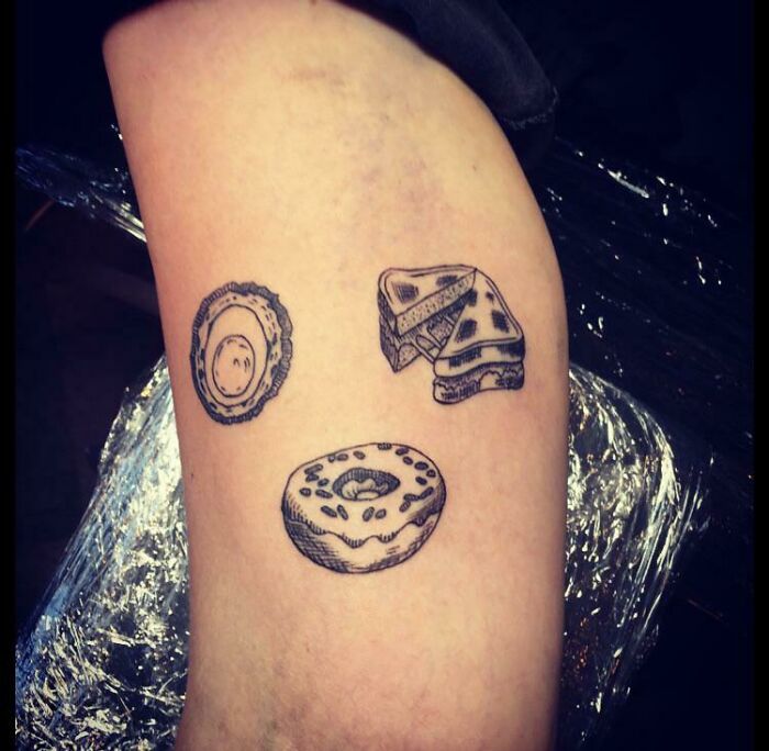 Toasted cheese sandwich, fried egg and donut tattoos