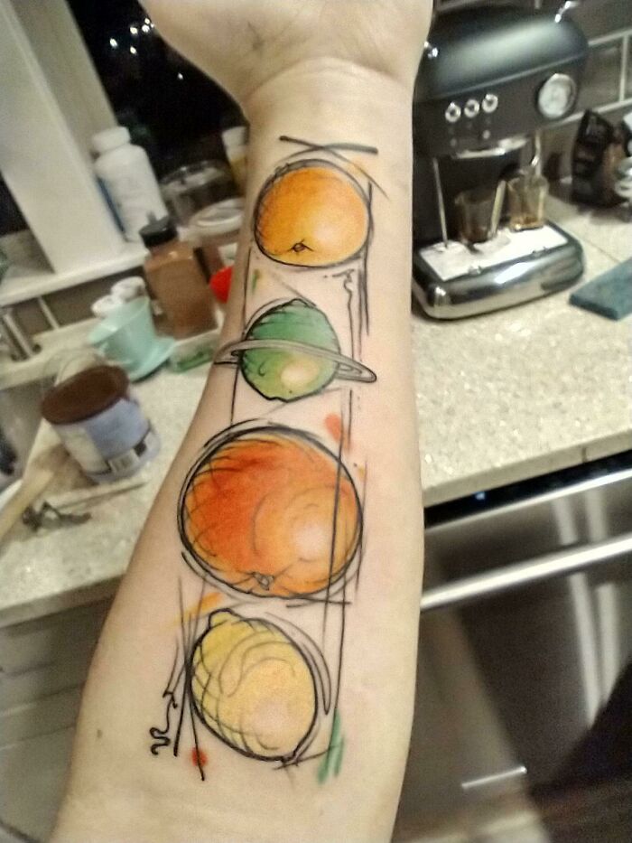 Space fruits watercolor tattoo