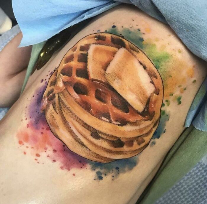 Waffles with butter and caramel watercolor tattoo