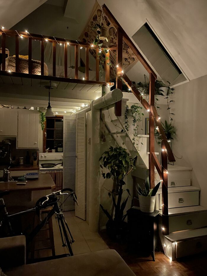 wooden stairs with lights 
