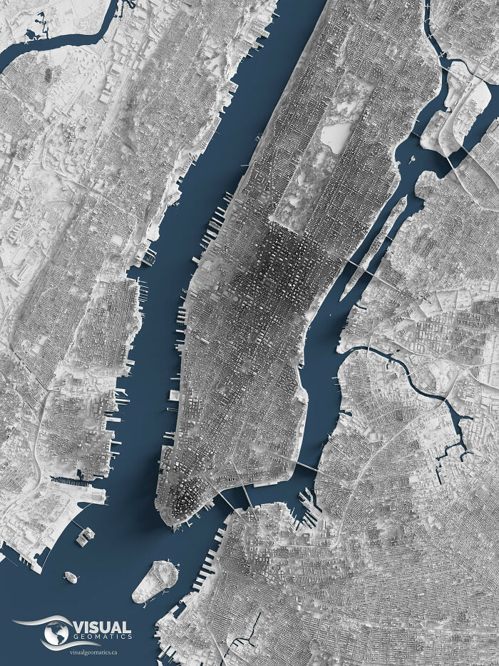 Una detallado mapa en relieve sombreado de Manhattan, Nueva York, generado a partir de LiDAR data