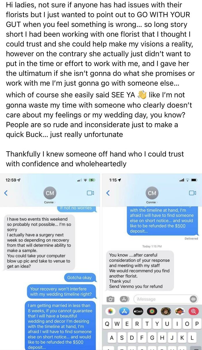 Bridezilla Upset Florist Is Having Surgery 8 Weeks Before Her Very Important Wedding… (The Comment Section Was Not On Her Side And She Left The Group Lol)