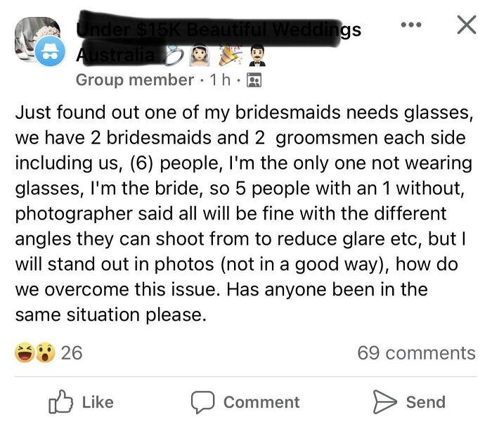 Bride Will Be The Only One Not Wearing Glasses And Isn’t Sure How To ‘Overcome This Issue’… Comments Were Asking If She Was Serious Lol
